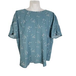 Papermoon Womens Blouse Size MP V Neck Green Leaf Tulip Short Ruching Sleeve Tie